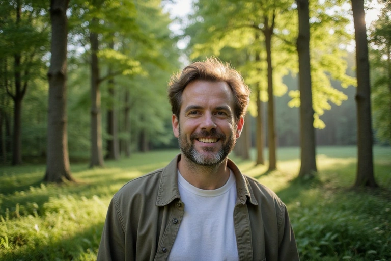 A man in a serene natural environment, symbolizing wellness and connection to nature.