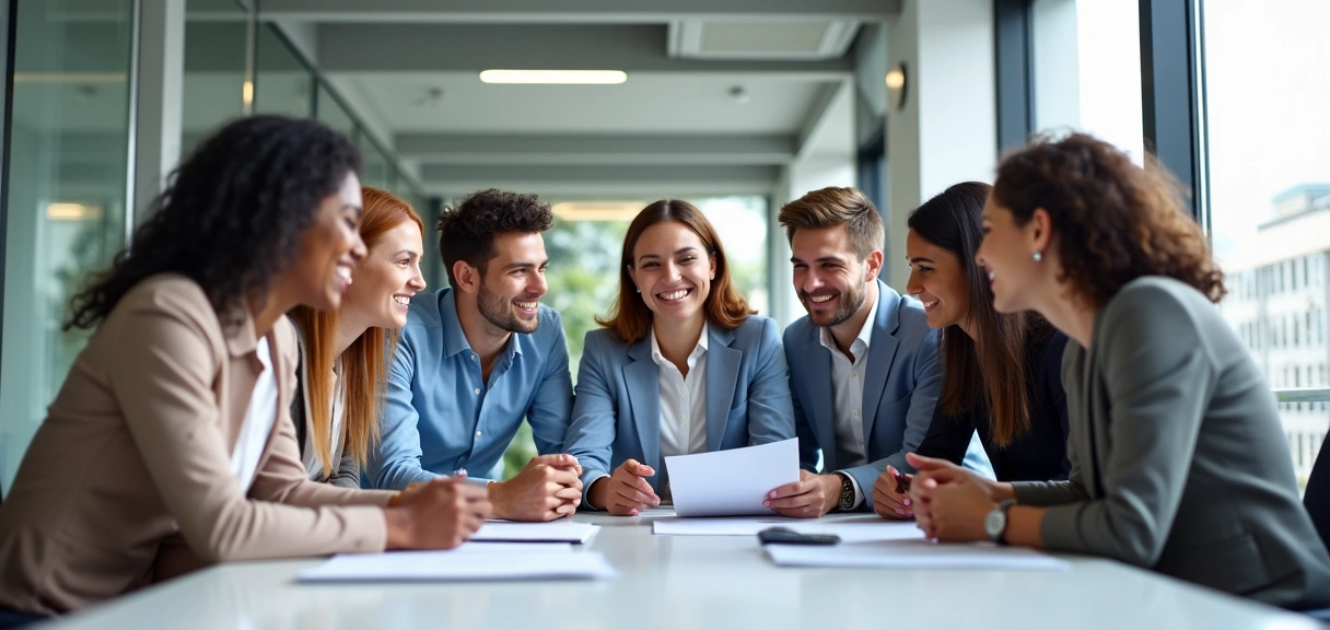 A professional, diverse team in a modern, clean office environment, collaborating and smiling.