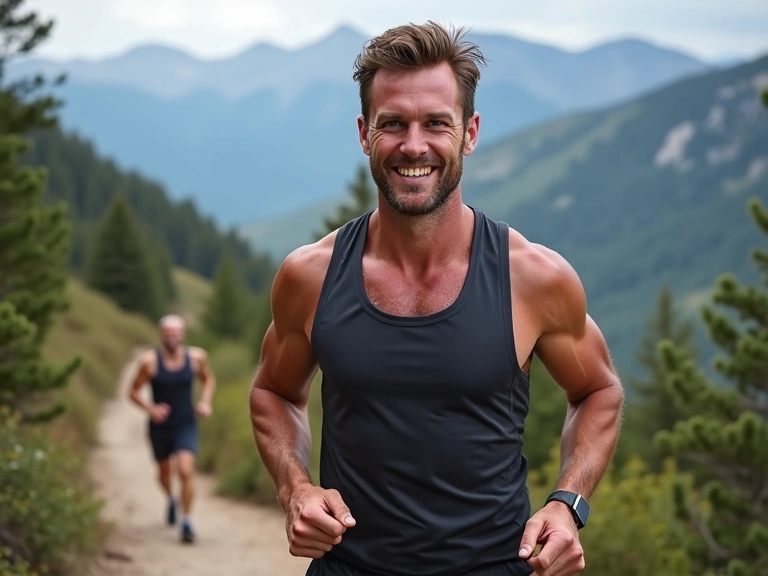 Image of a man engaged in a physical activity like hiking or running.